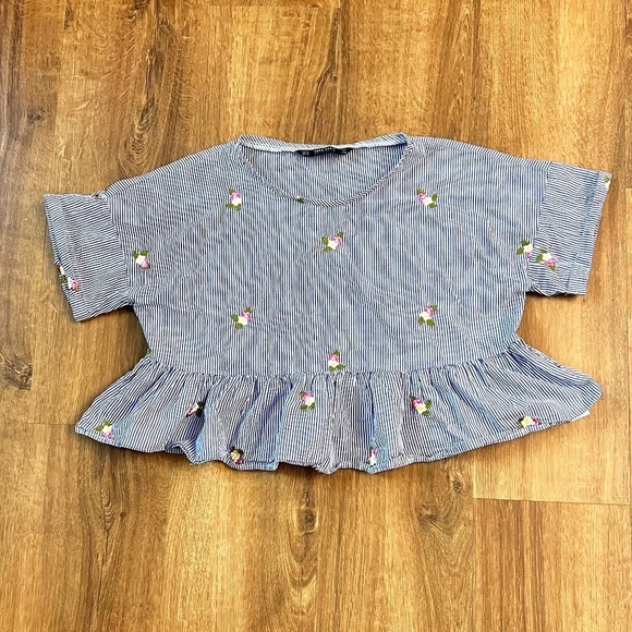Zara Tops - Zara Basic Blue & White Striped Shirt Embroidered Flowers Sz XS